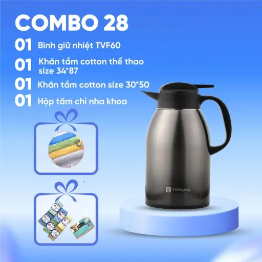 Combo (1 Bình giữ nhiệt TAPUHO TVF60 + 1 Khăn tắm cotton thể thao size 34×87 + 1 Khăn tắm cotton size 30×50 + 1 Hộp tăm chỉ nha khoa TAPUHO)